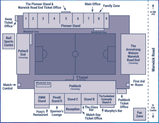 Map of Brunton Park showing entrances and amenities